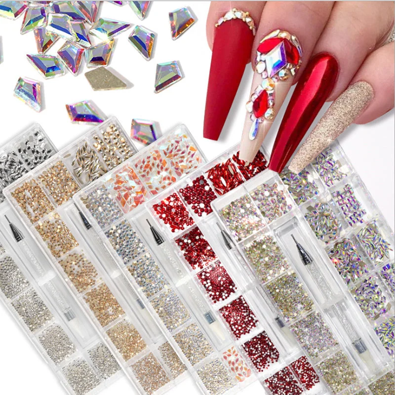 Nail rhinestone dawn glow-21 Grid high quality nail crystals rhinestones boxes nail art accessory ab rainbow holographic flash press on nails