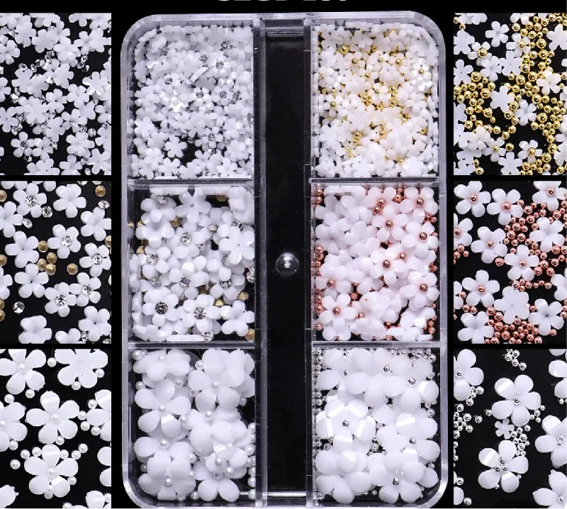 Nail rhinestone dazzling effects-White flowers mixed sizes