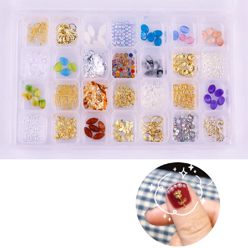 Nail rhinestone dream art-28 Grids Mixed Boxed Nail Rivet Jewelry Rose Gold Metal Flat Bottom Diamond Pearl Shell Stone Nail Art Set Professional