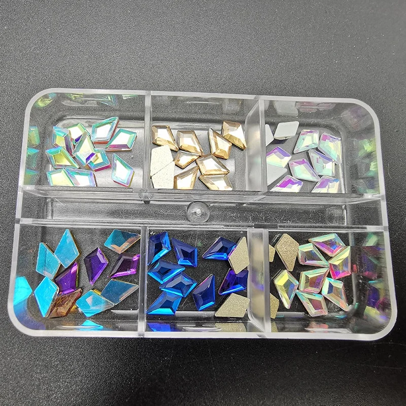 Nail rhinestone how-to clips-HZRcare 6 Grids Mixed Color Micro Diamond Nail Art Flat Glass Arrow Shaped Rhinestone Box Nail Art Accessories DIY Set