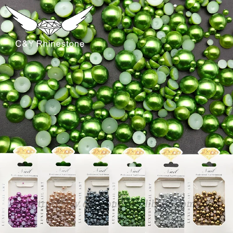 Nail rhinestone edge trends-C&Y   Mix Sizes  Mix Half Round Flat Back Pearls Resin Rhinestones For Handmade DIY Decoration