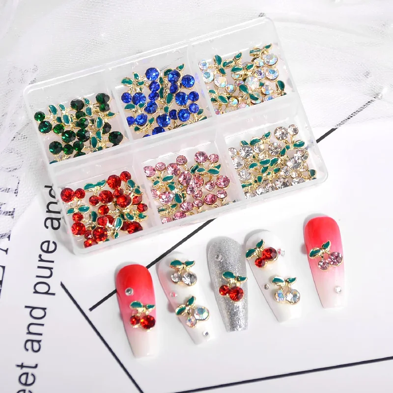 Nail rhinestone peak shine-60 Pcs 3D Nail Rhinestones Cherry Nail Charms Fruit Luxury Cherry Design Big Diamond Crystal Nail Studs Gold Alloy