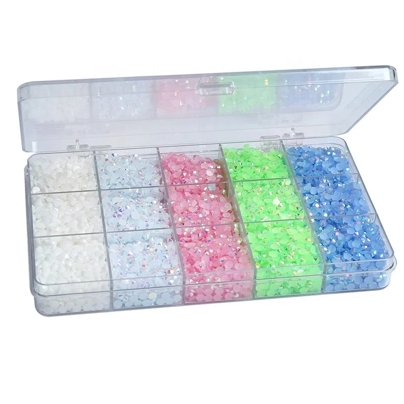 Nail rhinestone organizer ideas-high quality jelly AB crystal resin rhinestone kits 15 gird round clear bulk mix color stones for craft accessories