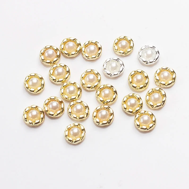 Nail rhinestone prism colors-10Pcs/Pack Gold Silver Metal Edge Acrylic Nail Art Jewelry Zinc Pink Pearl Flat AB Japanese Pearls Alloy Rhinestone Nail Studs