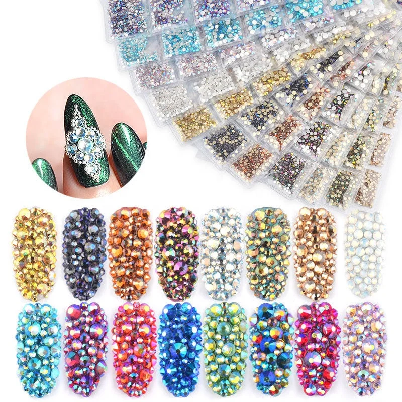 Nail rhinestone team flair-1440pcs Clear Nail Crystal Bulk AB Gold Black 3D Non HotFix FlatBack Nail Art Rhinestones