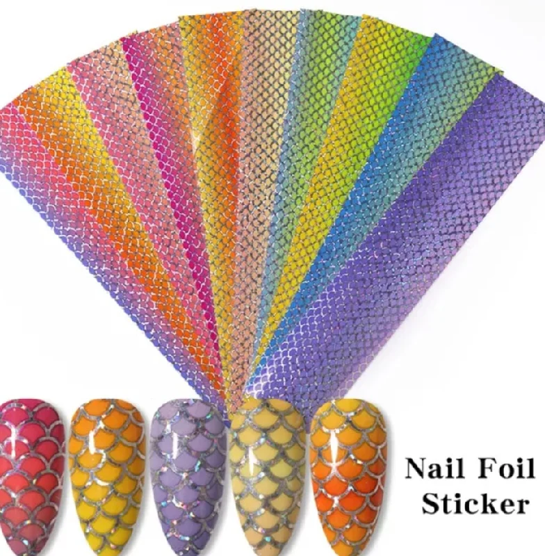 Nail art decoration karaoke-Multicolor Geometric Fishnet Pattern Nail Foil 10 Pcs