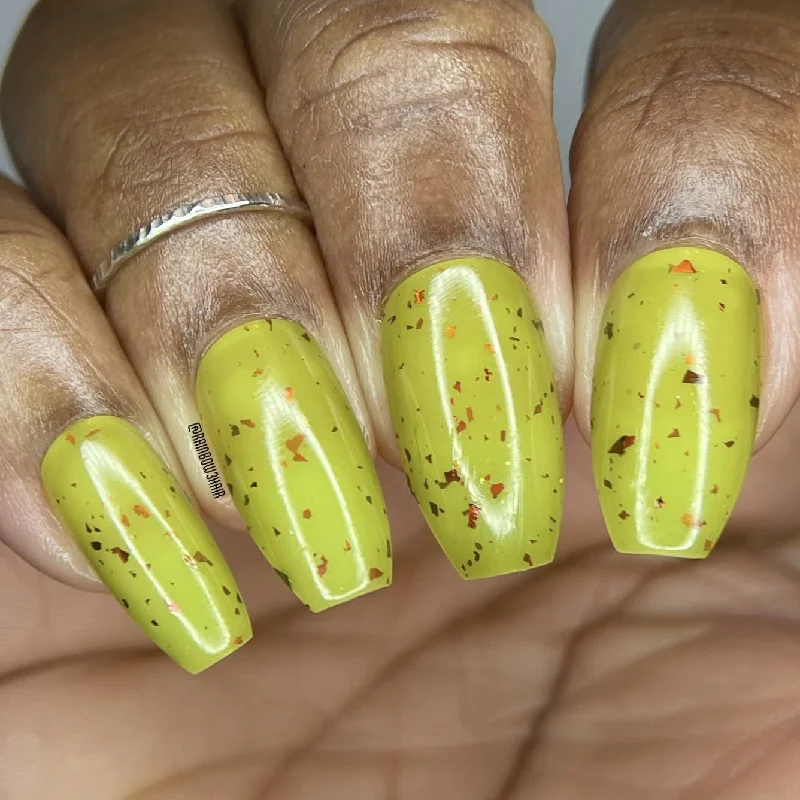 nail polish cocoa powder-Tree Trunks Nail Polish - chartreuse green with red/copper chameleon flakies