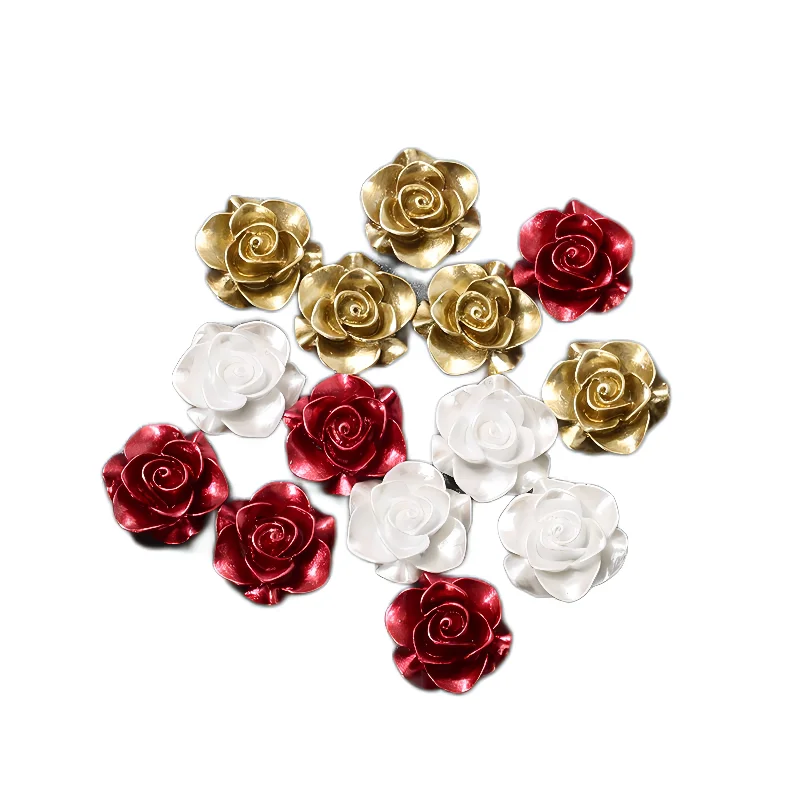 Nail rhinestone open-air-Colorful Resin White Red Gold Rose Flower Flat Back Cabochon 3D Craft for Nails Art Mobile Phone Decorations