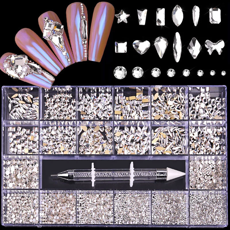 Nail rhinestone rich colors-Mixed Boxed Crystal White Nail Art Rhinestones Fancy Mix Shapes Flatback Clear Diamonds Glass Nail Decorations Manicure Design