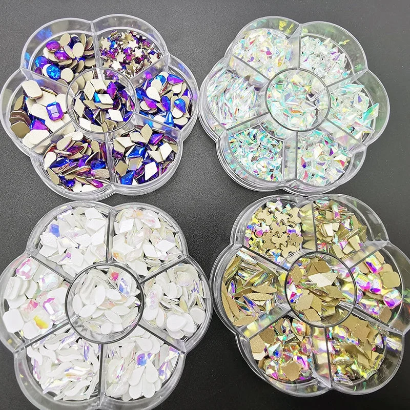 Nail rhinestone master tricks-7-Grids Flowers Box Wholesale Bulk Package Non Hot Fix Strass Flatback Crystal Stones Jelly Blue Flame Glass Rhinestones