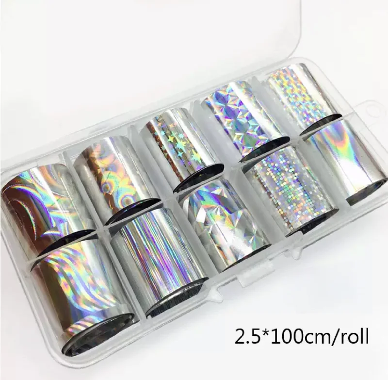 Nail art decoration mocktail-Transfer Foils Box - Holographic Silver Patterns