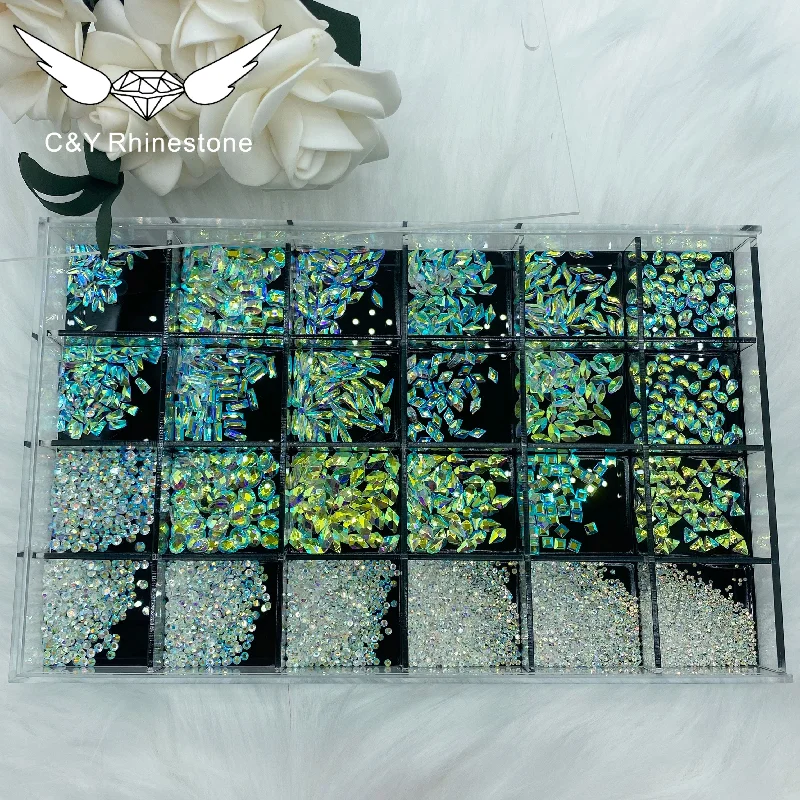 Nail rhinestone new spin-CY Crystal AB White Nail Art Mix Shape Fancy In Box Flat Bottom Glass  Rhinestone  Decoration