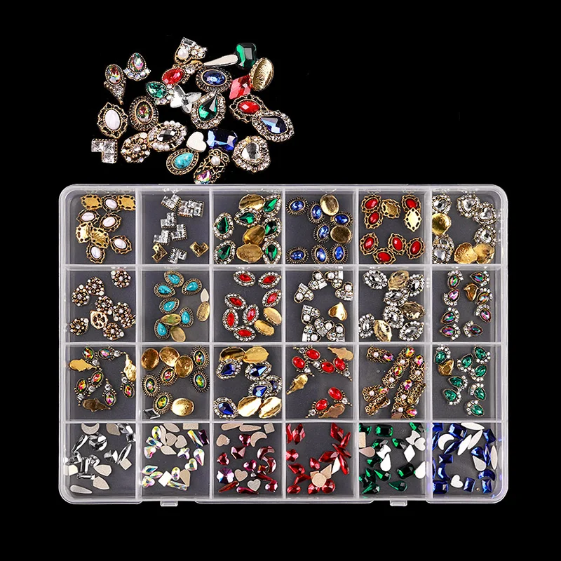 Nail rhinestone soft tones-Misscheering New high-quality 24 grid alloy nail art jewelry mixed color rhinestone gem Aurora bow nail decoration accessories